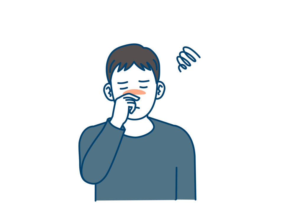 鼻づまりに悩む男性のイラスト｜副鼻腔炎の症状で鼻を押さえる様子│吹田市の内科・小児科 えちごクリニック
